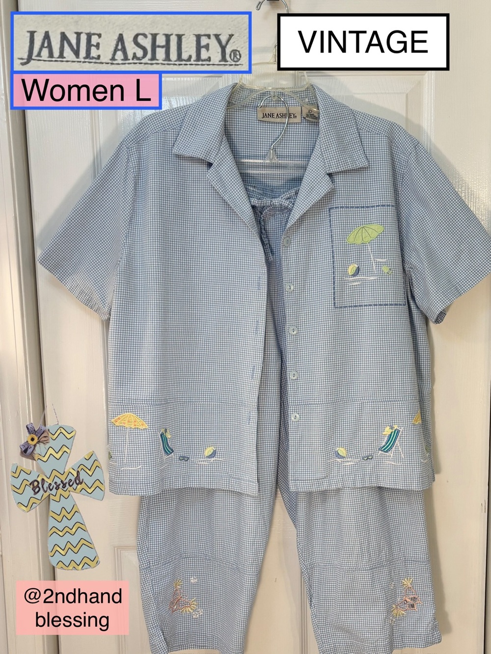 VTG Jane Ashley Light Blue Seersucker Capri Pants Set Women L, Beach Embroidery